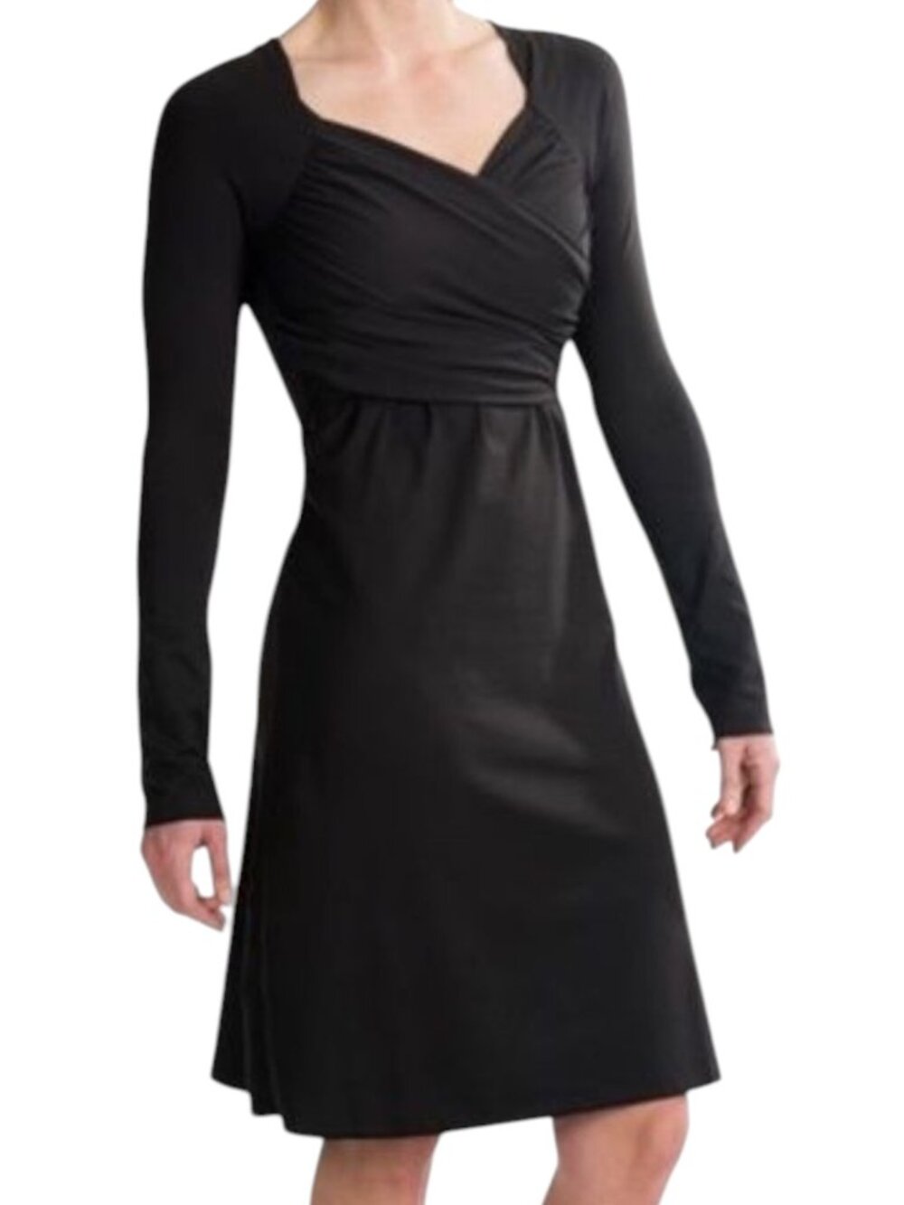 Prana Black Ruched Faux Wrap Long Sleeve Dress
